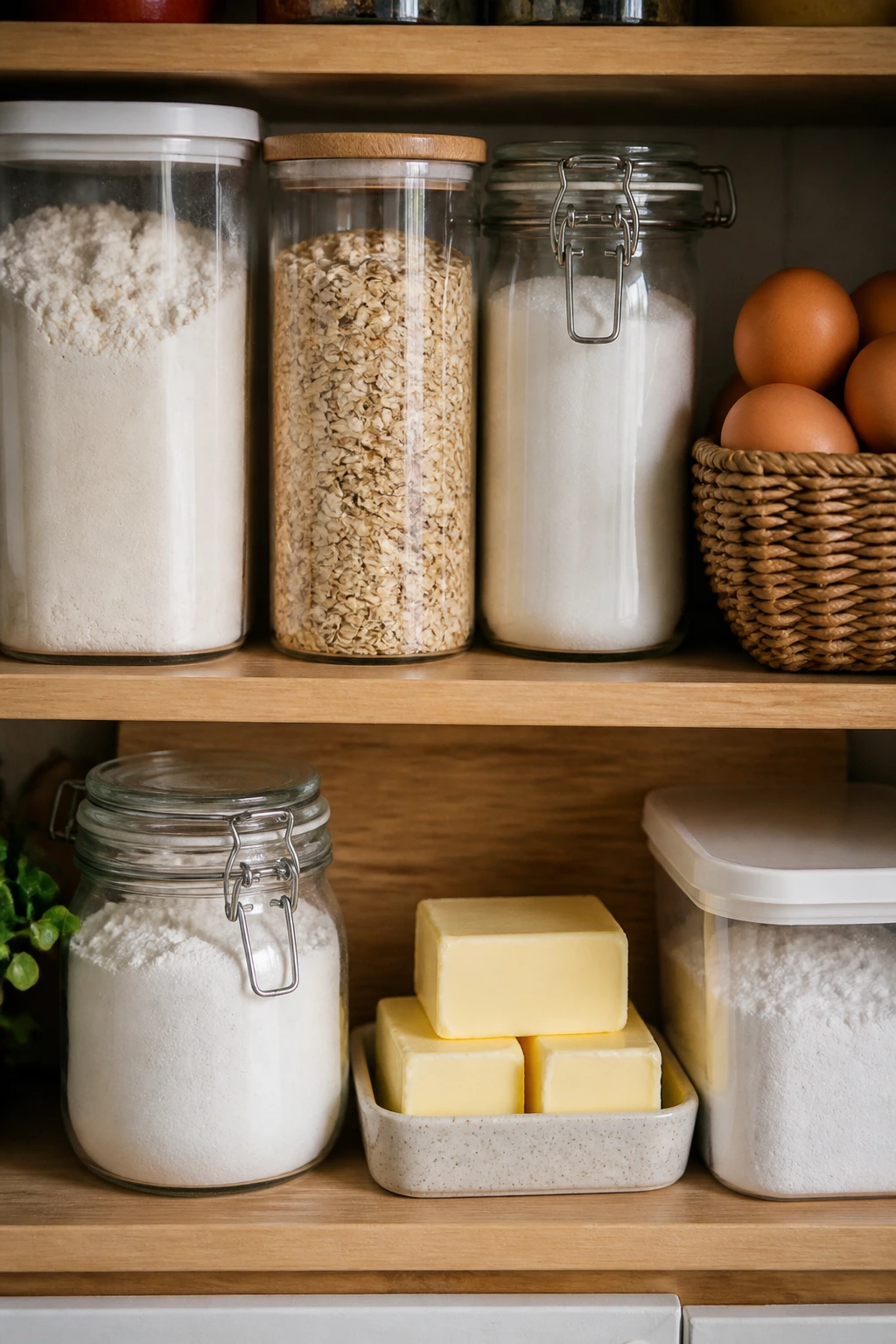 Pantry shelf filled with baking staples like flour, oats, sugar, butter, eggs, and cornstarch in warm kitchen light