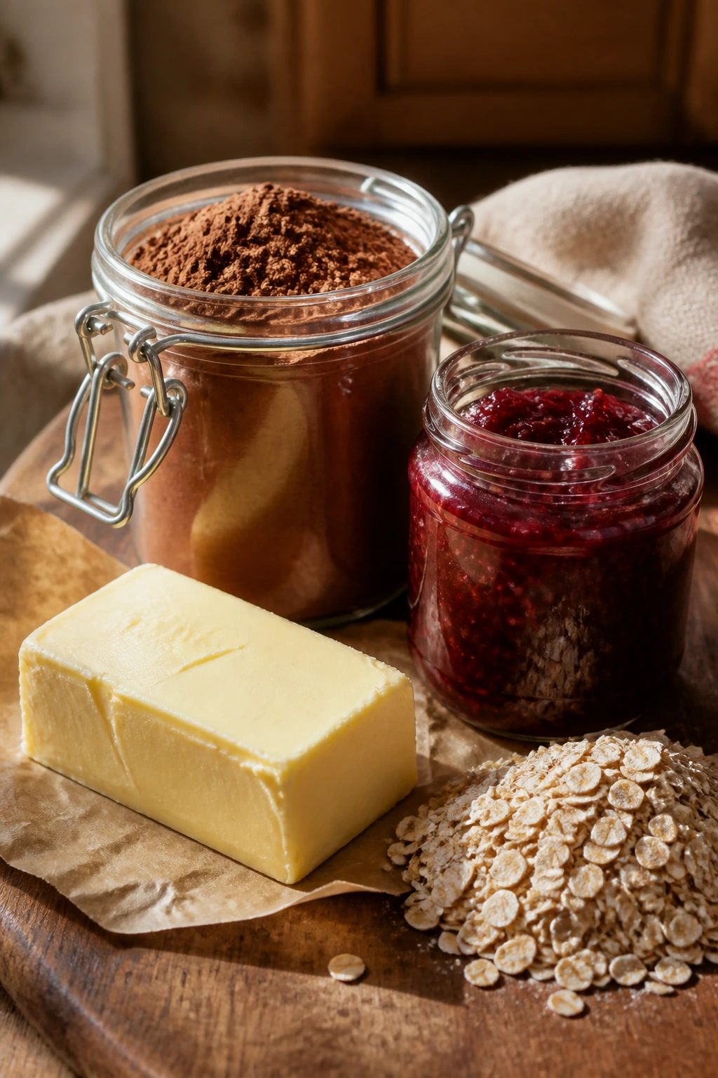 Still life of butter, cocoa, jam, and oats on a wooden counter