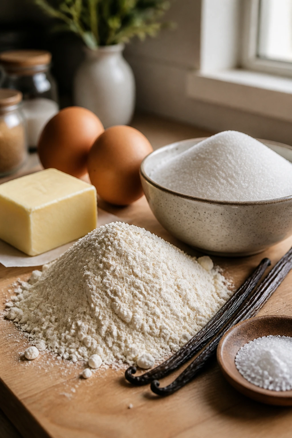 Close-up of pantry staples like flour, sugar, butter, eggs, vanilla bean on a counter