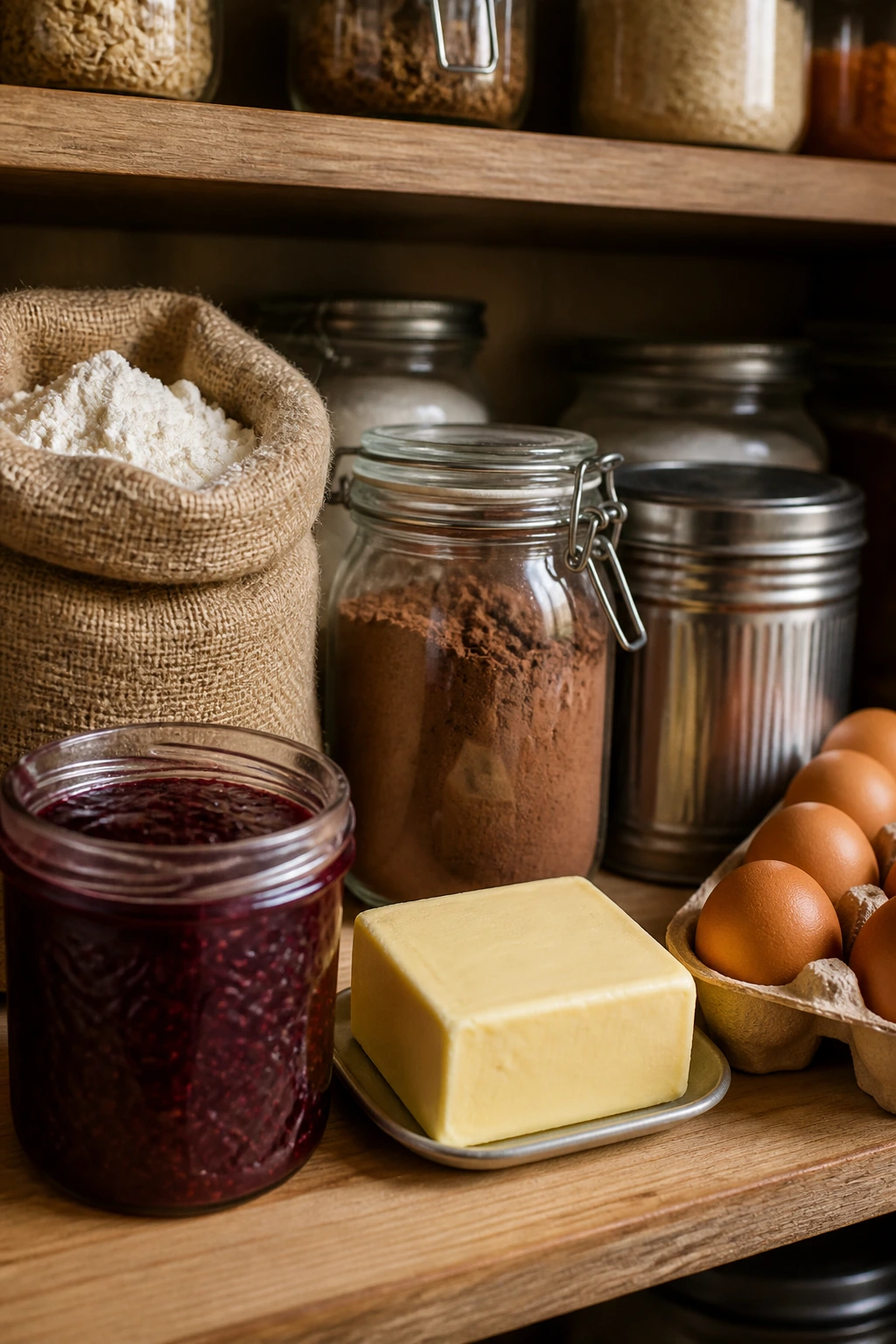 Pantry shelf close-up with unlabeled containers for flour, cocoa, jam, butter, and eggs