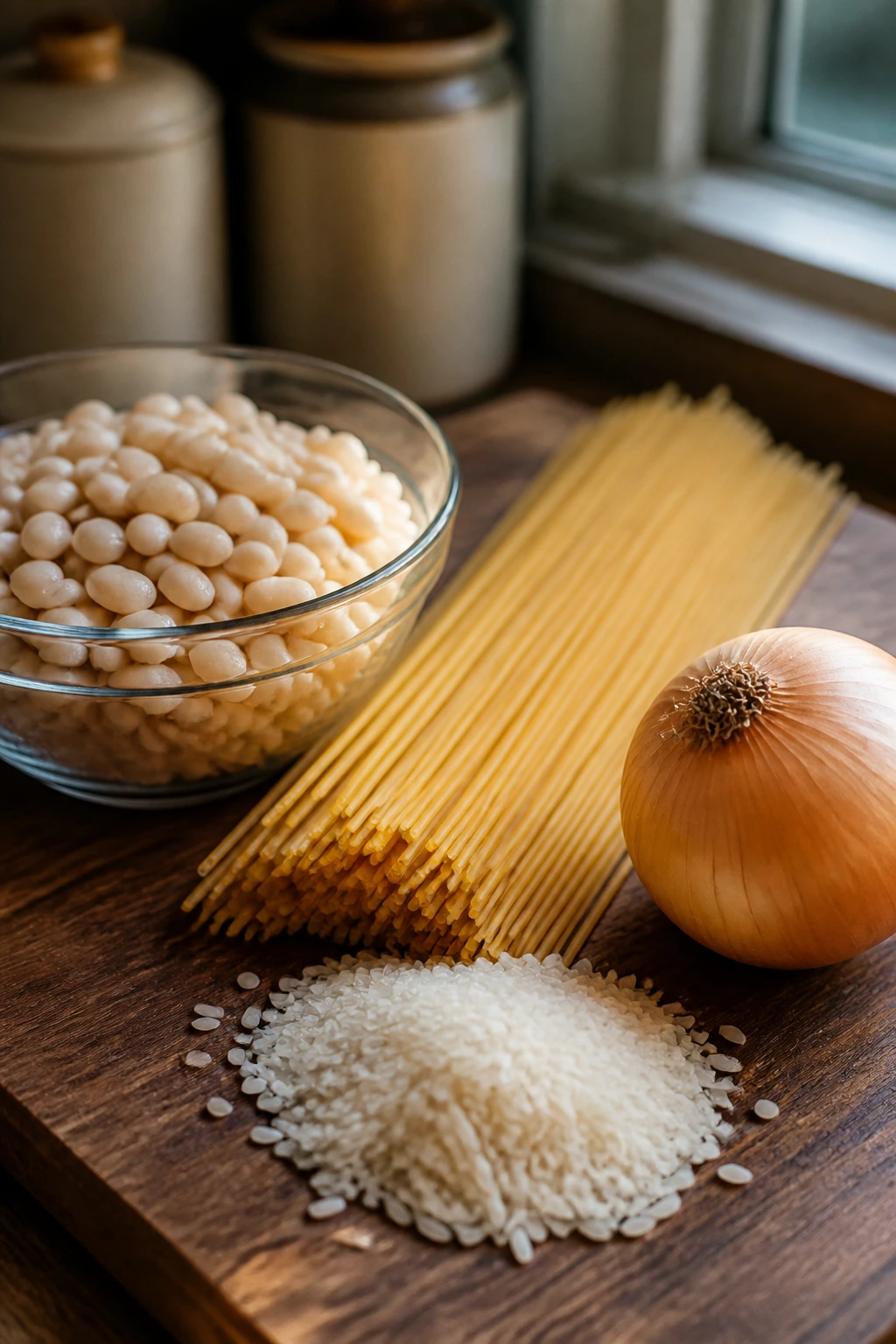 Close-up of pantry staples including beans, pasta, rice, and onion on a wooden board.