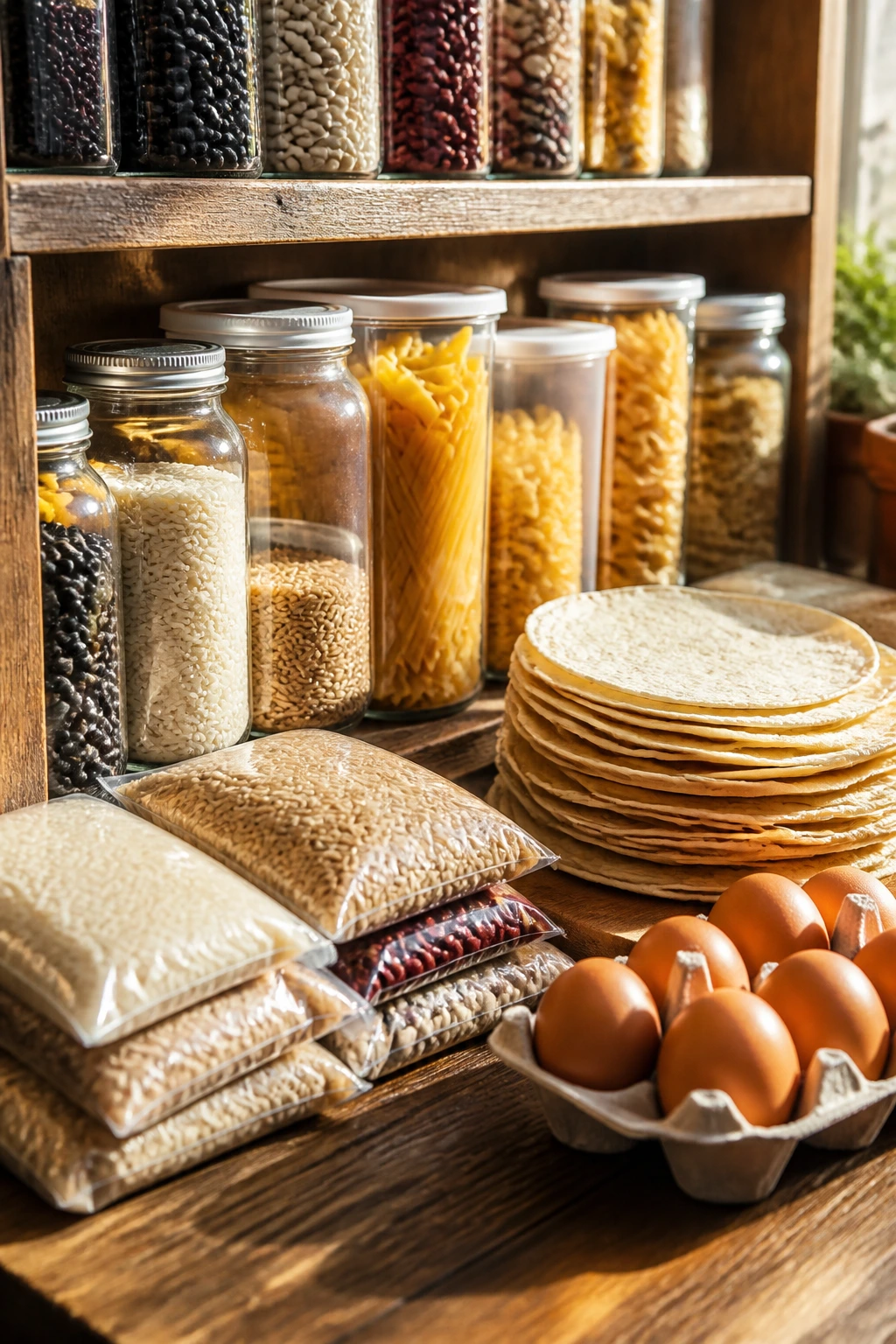 Close-up of pantry staples like beans, rice, pasta, tortillas and eggs on a shelf