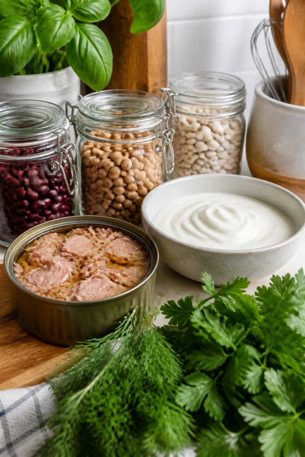 Arrangement of pantry staples like tuna, yogurt and beans with herbs on a kitchen counter