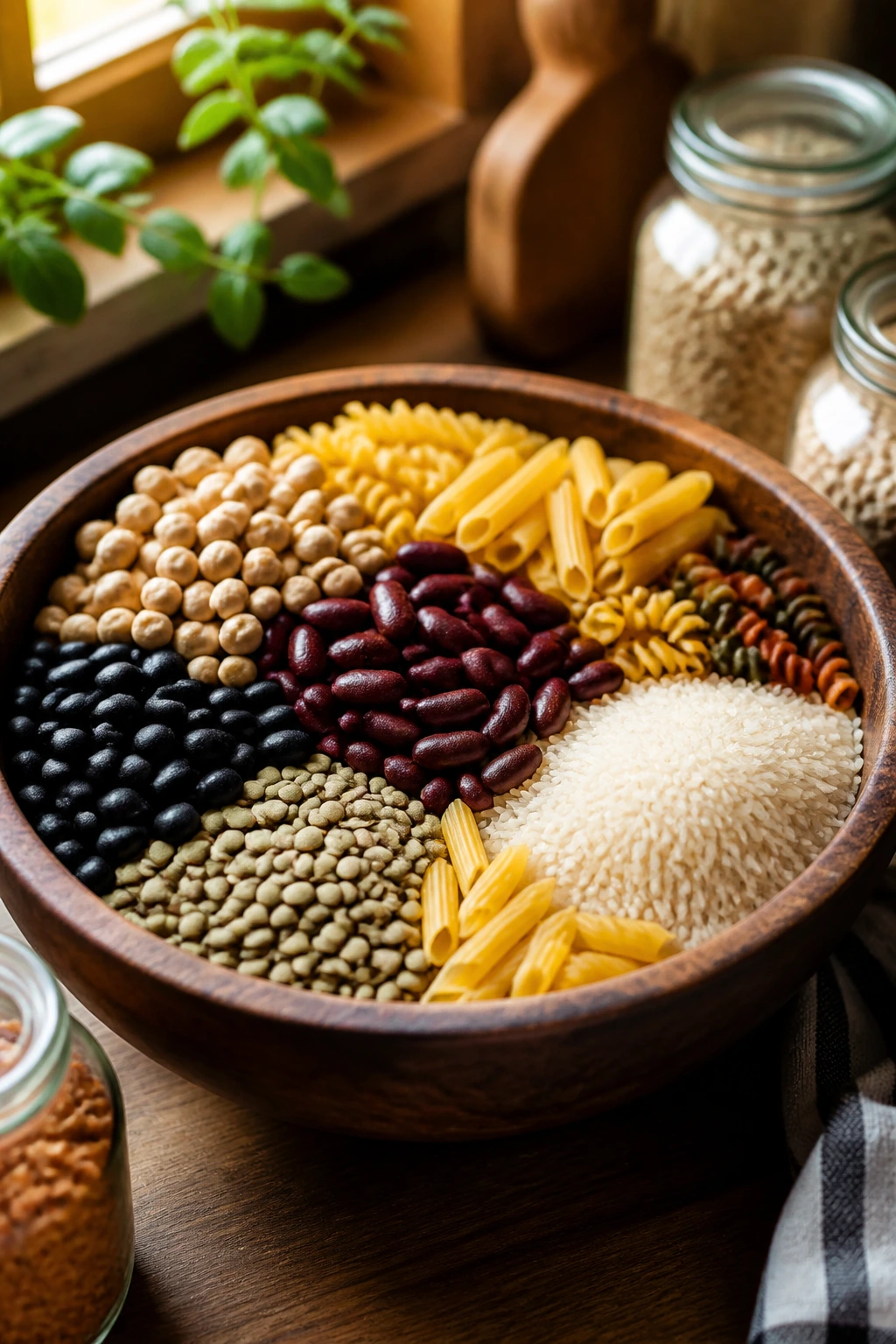 Close-up of a rustic bowl filled with mixed pantry staples on a kitchen counter