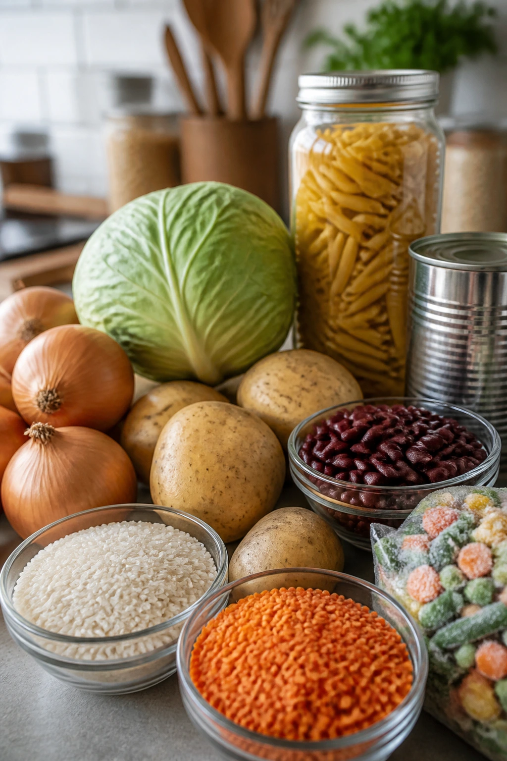 Close-up of pantry staples like onions, potatoes, cabbage, rice, lentils, beans, pasta, and frozen vegetables in a kitchen pantry