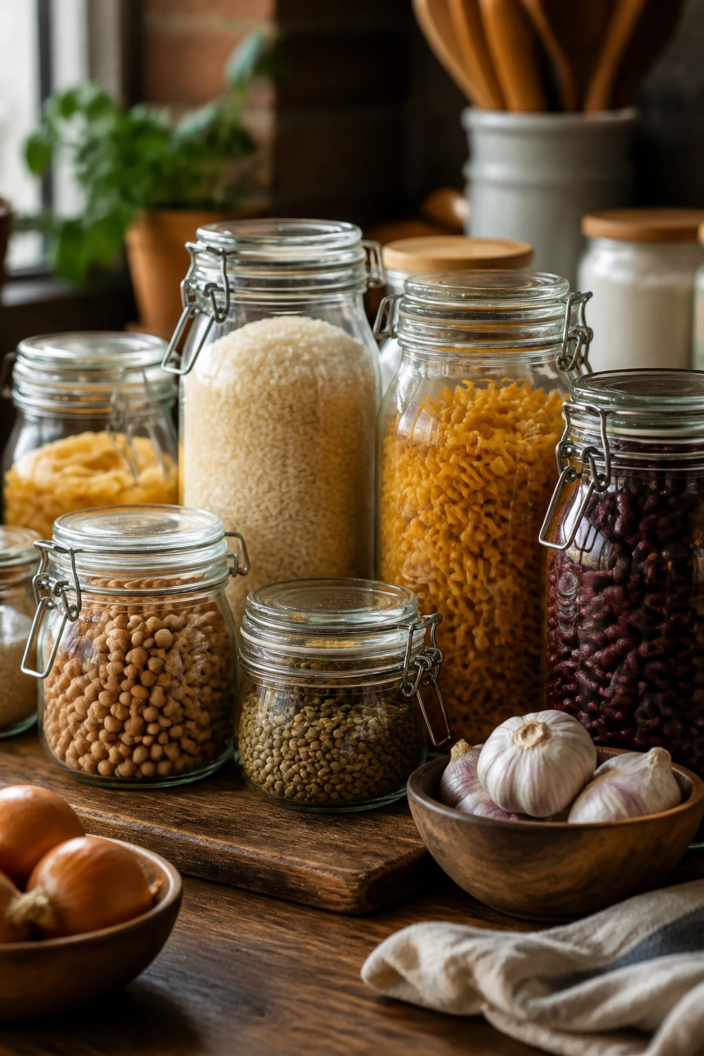 Jars of pantry staples like rice, beans, and pasta on a kitchen counter