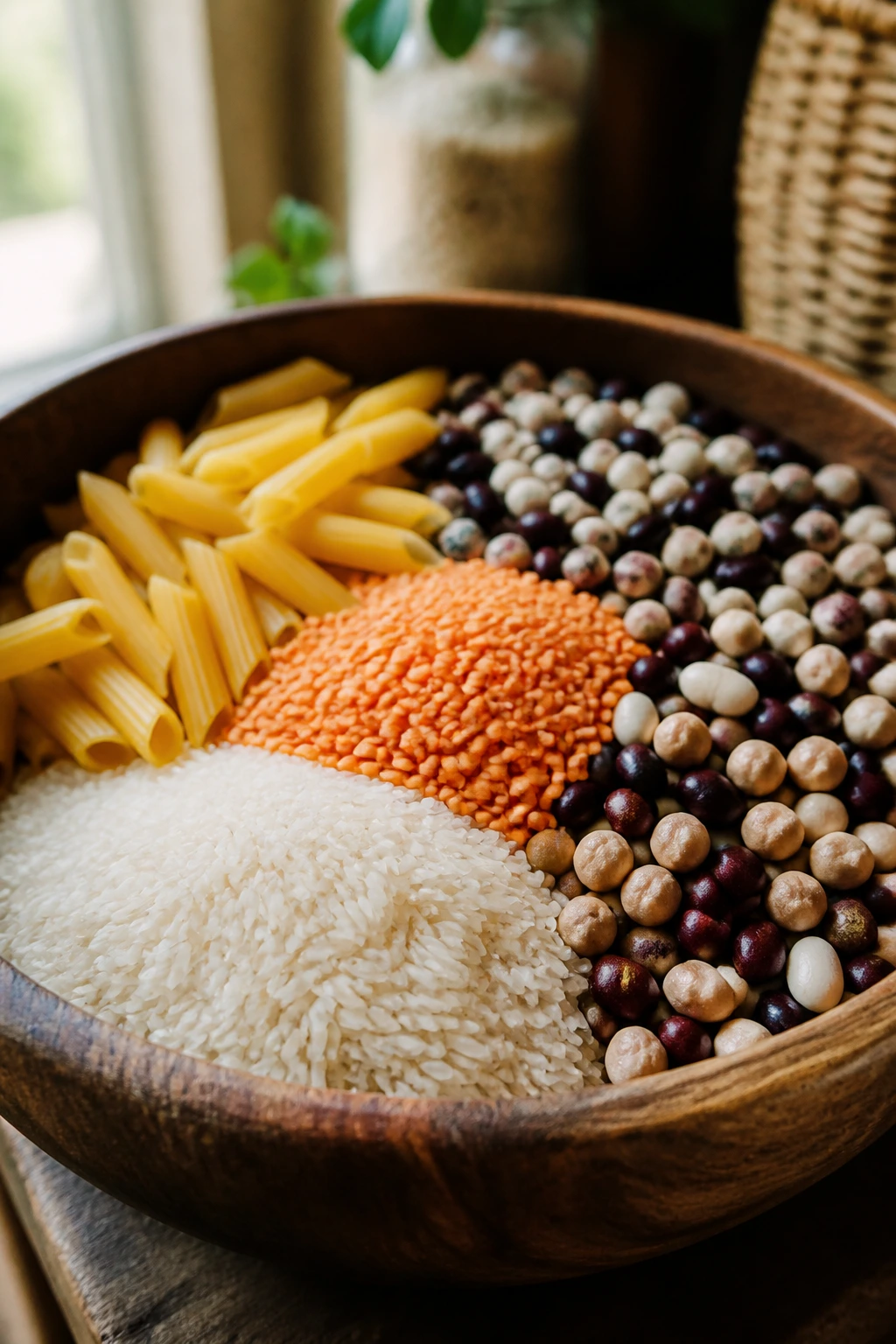 Close-up of pantry staples arranged in bowls on a warm kitchen counter, shelf-stable ingredients