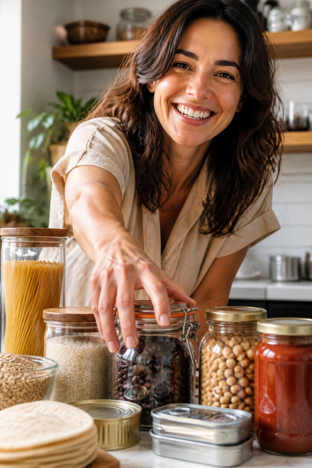 Portrait of a real person in a sunny kitchen with pantry staples, conveying love for pantry-based meals