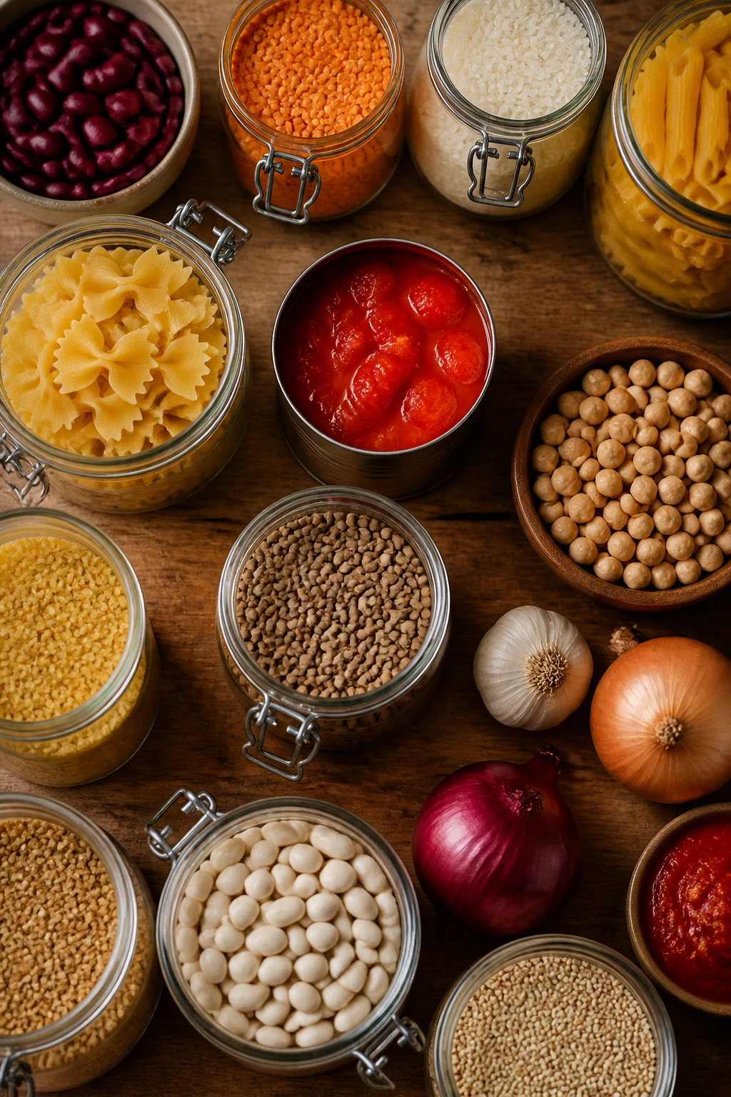 Pantry staples on a counter illustrating versatile weeknight dinners.