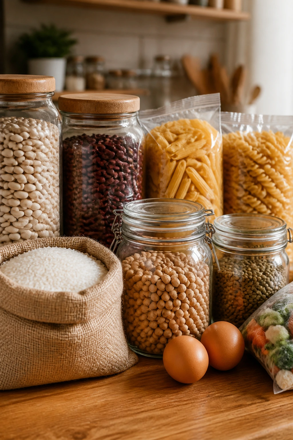 Pantry staples arranged on a kitchen counter for weeknight dinners
