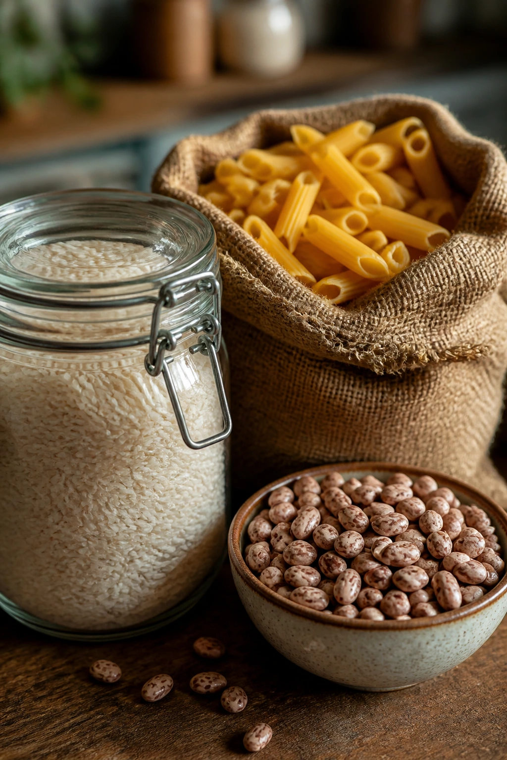 Rustic counter with pantry staples like rice, pasta, and beans