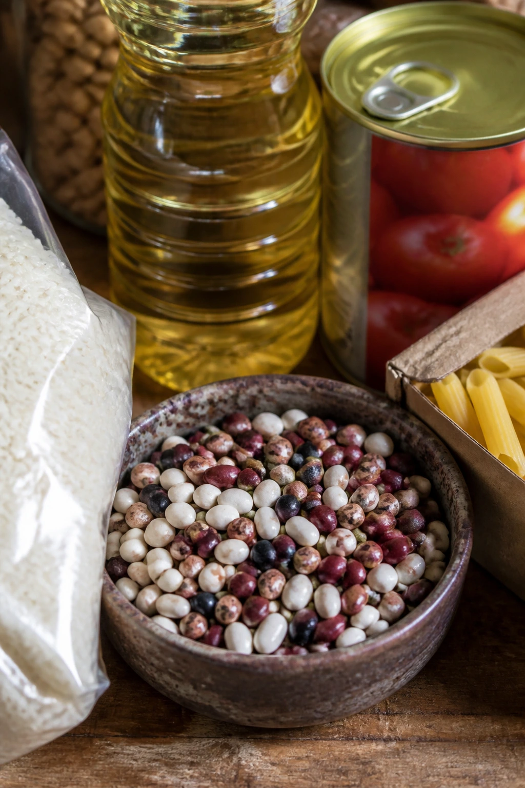 Assorted pantry staples on a wooden surface with blurred labels