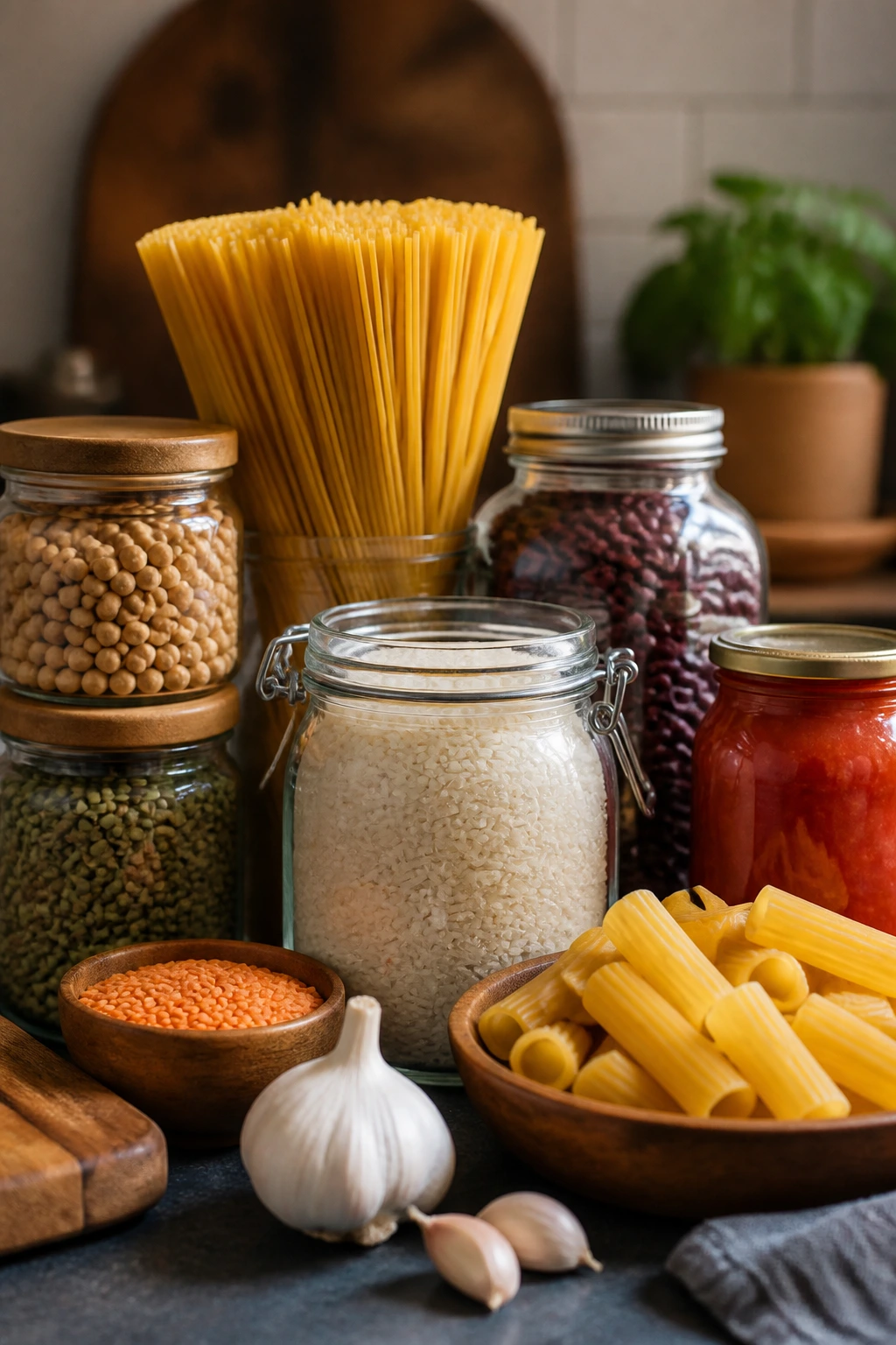 Still life of pantry staples arranged on a kitchen counter.