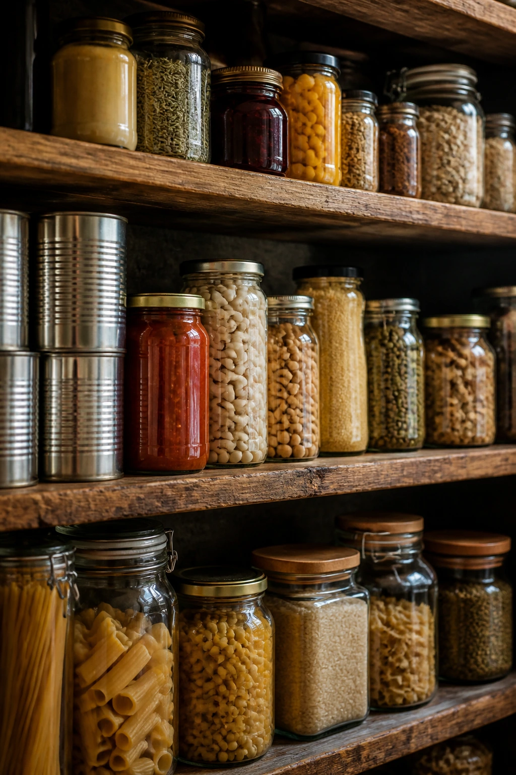 Pantry staples organized on a rustic shelf.