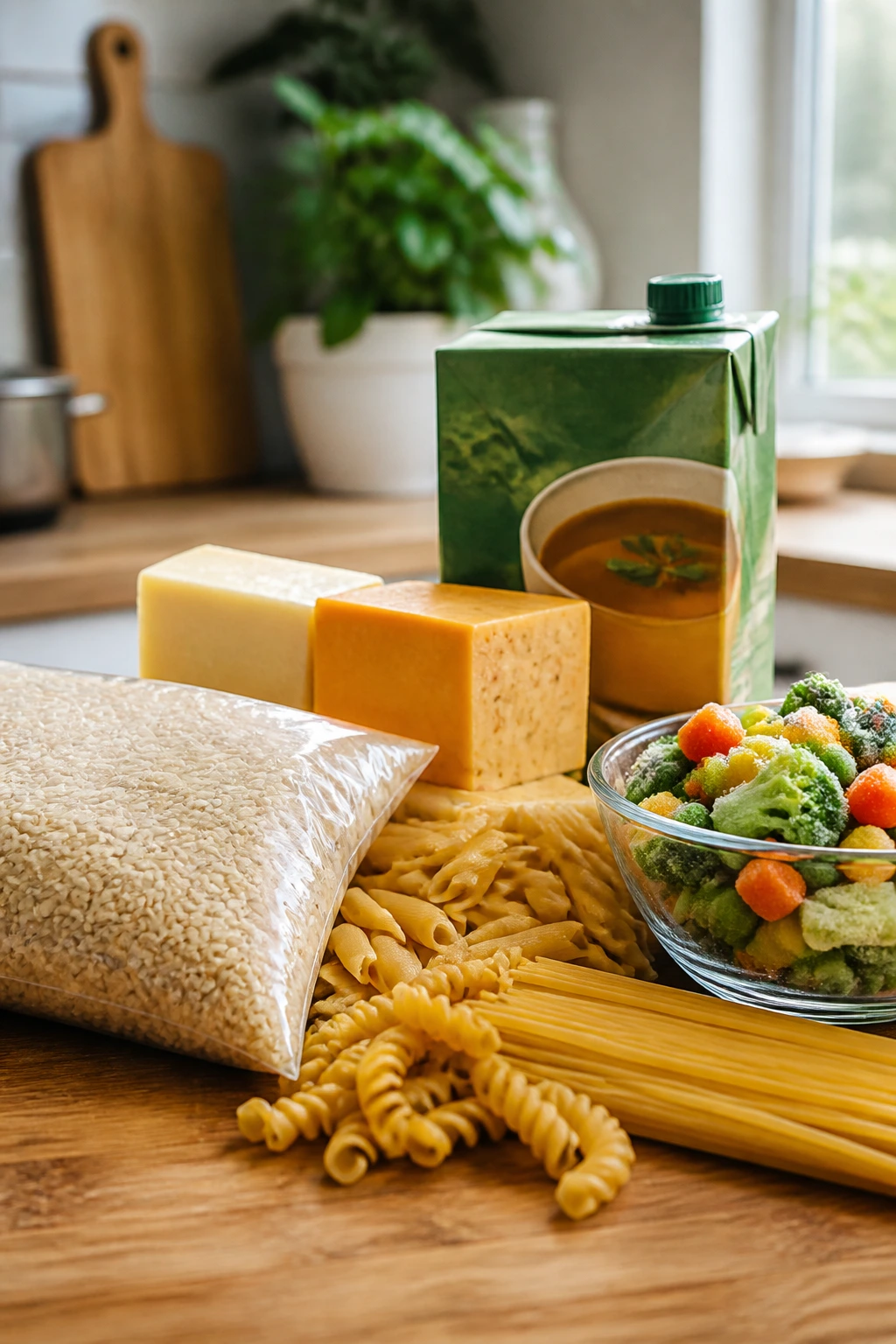 Pantry staples and fridge essentials on kitchen counter