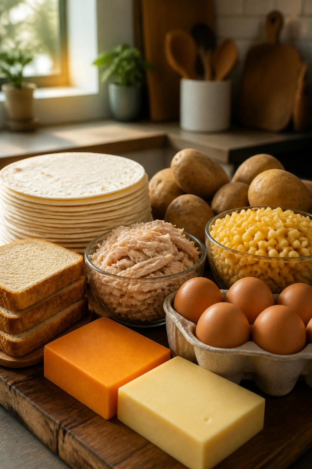 Close-up of tortillas, pasta, eggs, bread, potatoes, shredded chicken, and two cheese blocks on a kitchen counter.