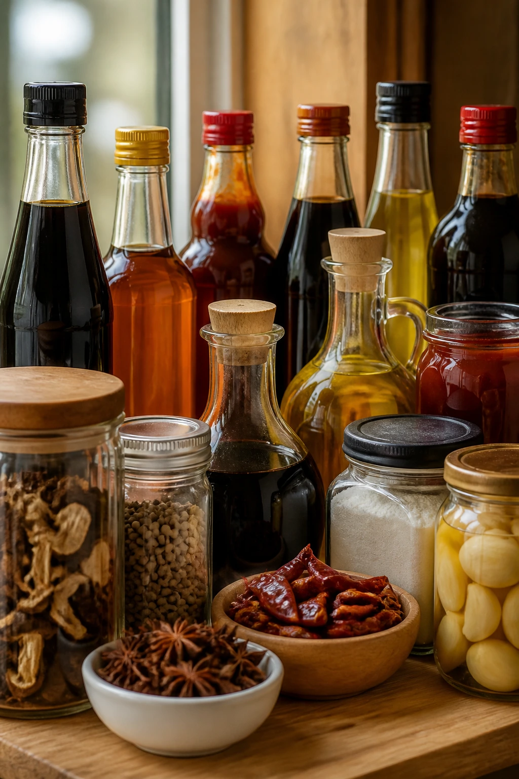 Unlabeled pantry bottles suggesting Chinese staples on a shelf
