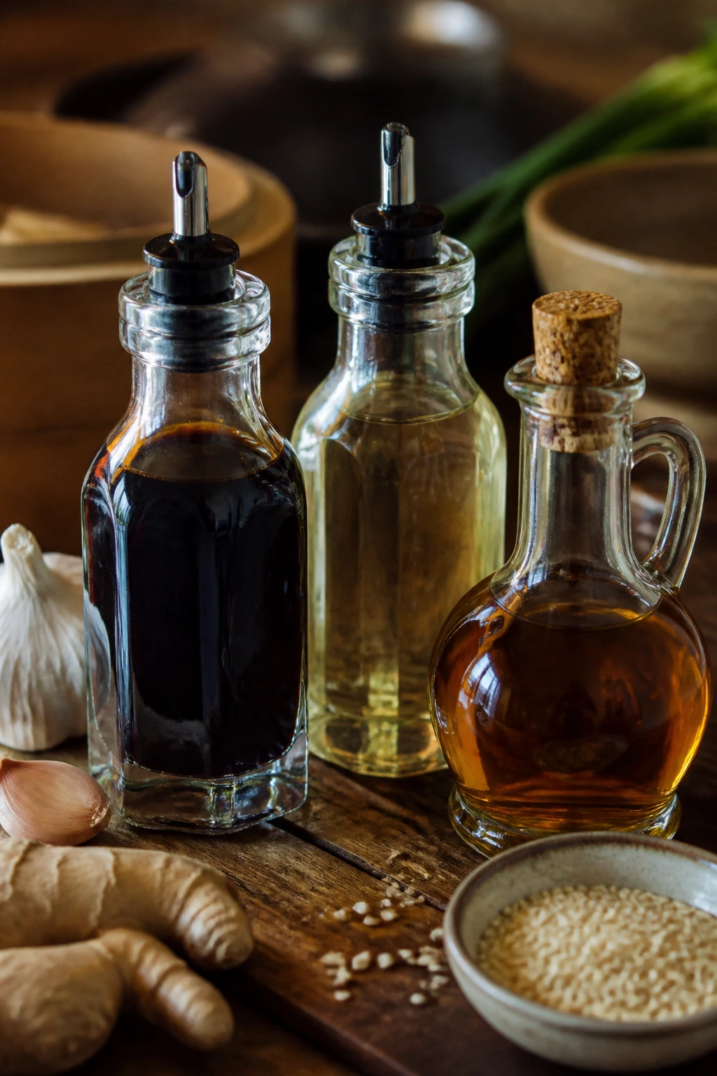 Close-up of pantry staples bottles for Chinese cooking on wood