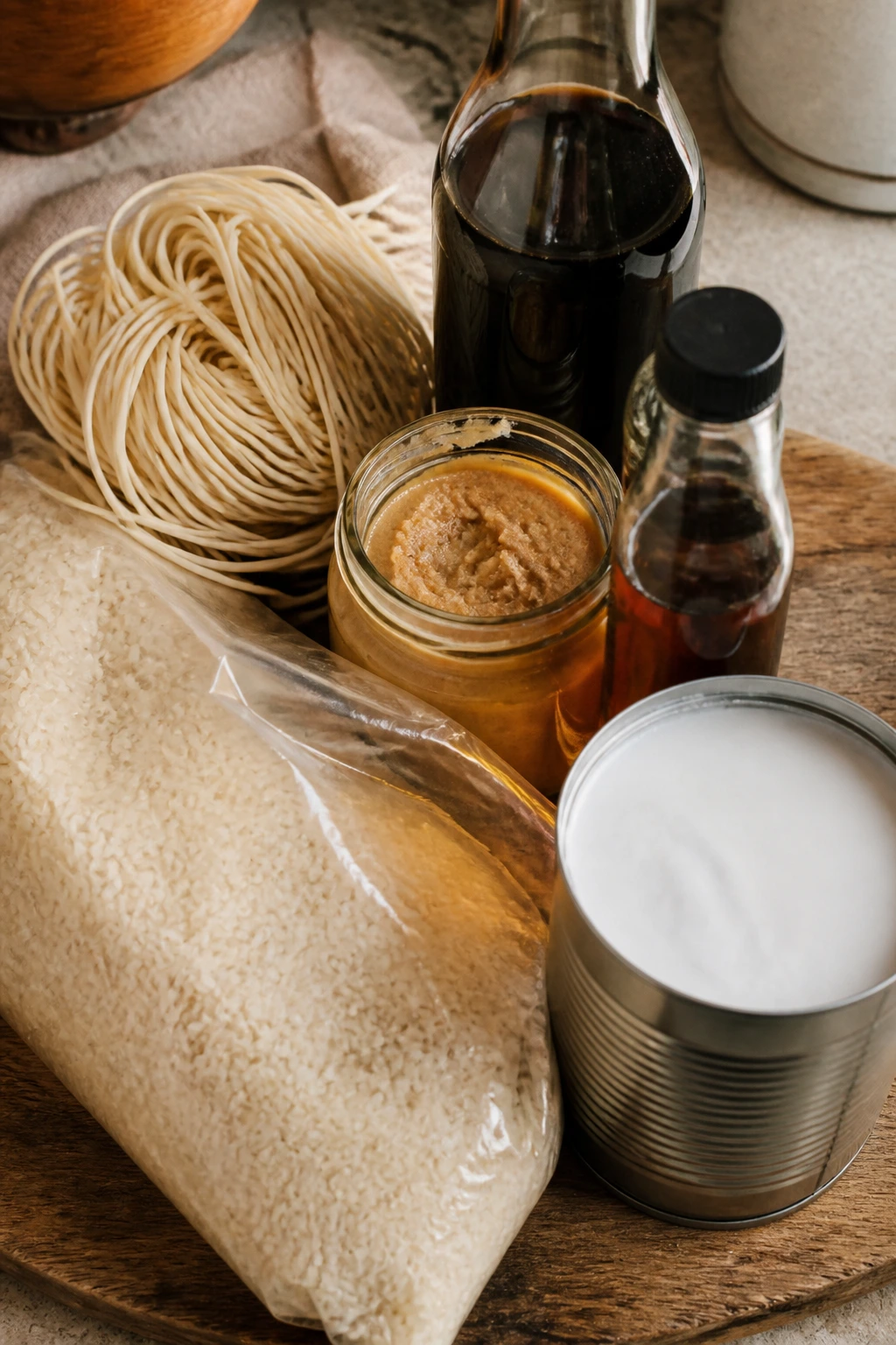 Top-down close-up of pantry staples on wooden board, rice, noodles, jars, and bottles with no visible text