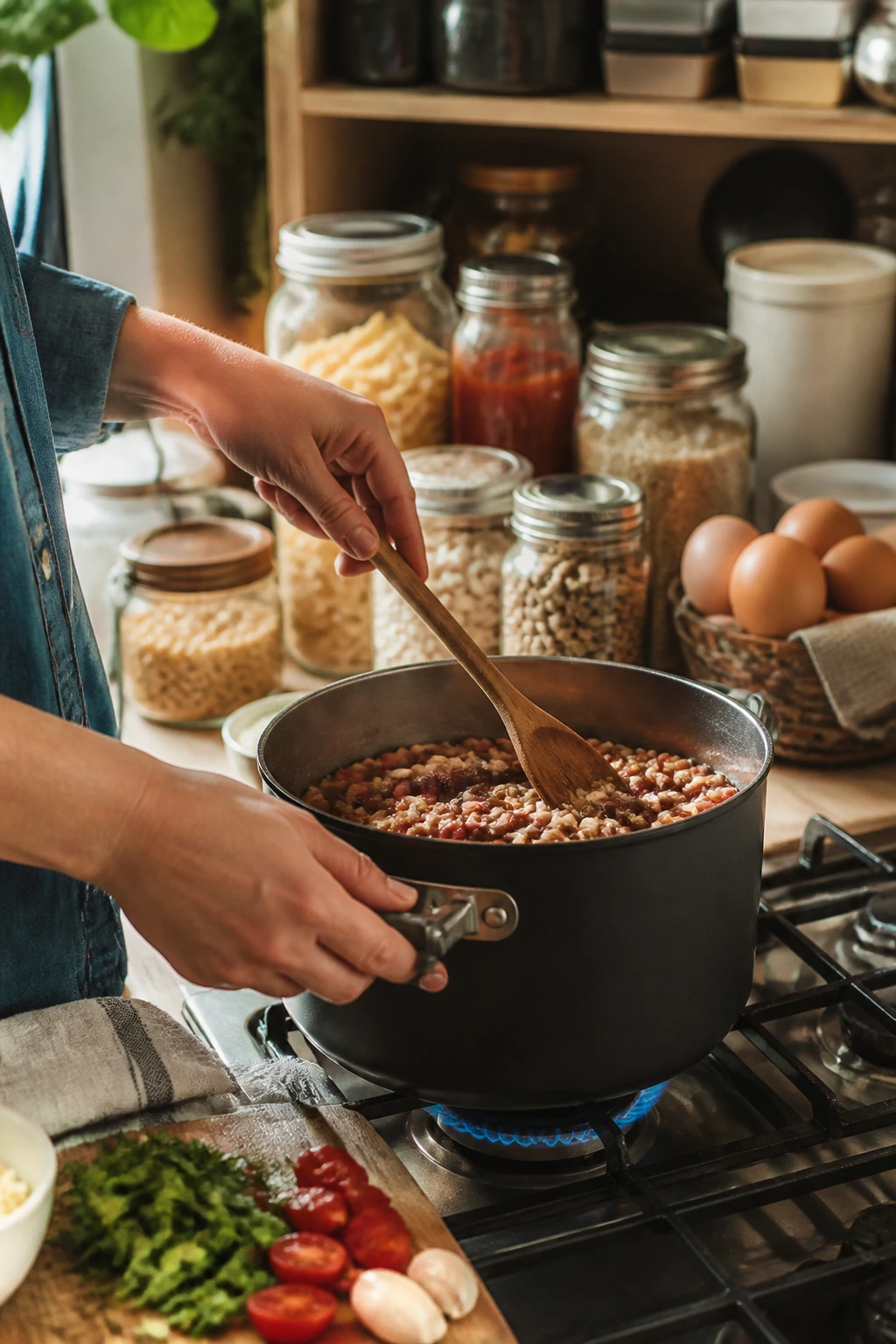 Hands cooking in a kitchen with pantry staples turning into dinner