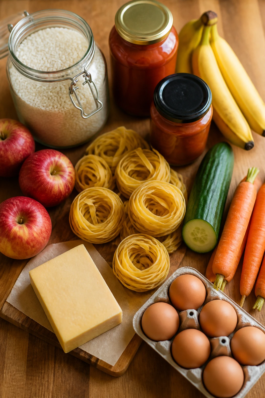 Overhead view of pantry staples on a counter: pasta, rice, fruit, veg, cheese, eggs, and plain jars.