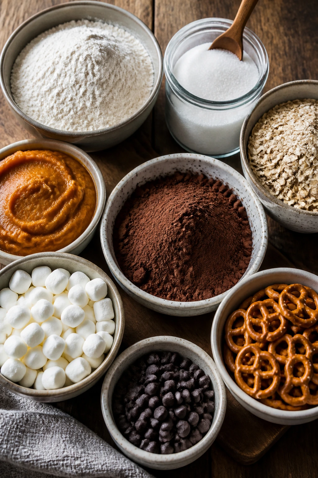 Still-life of pantry staples like flour, cocoa, oats, marshmallows on wood.