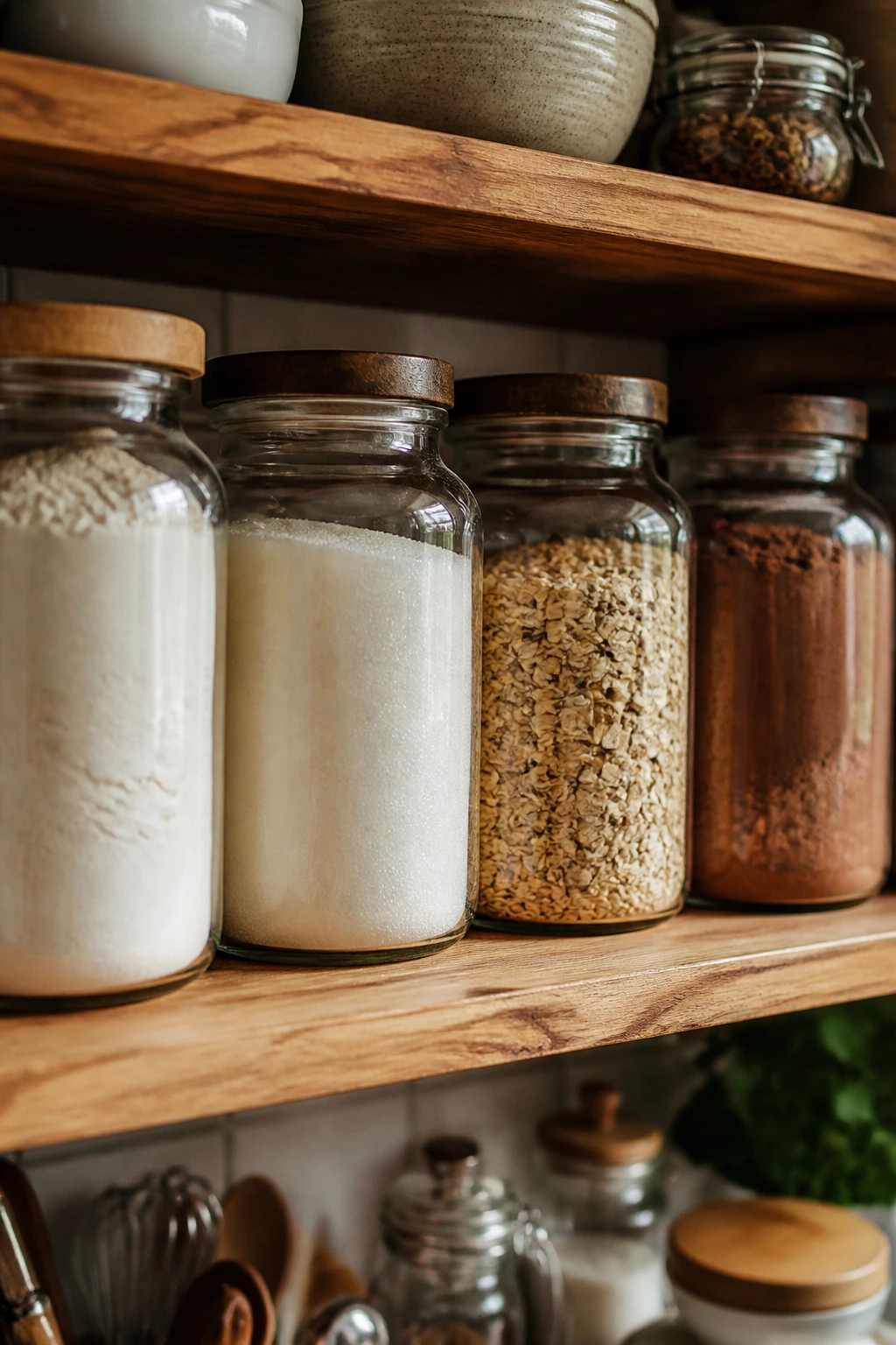 Close-up of pantry staples in jars on a wooden shelf