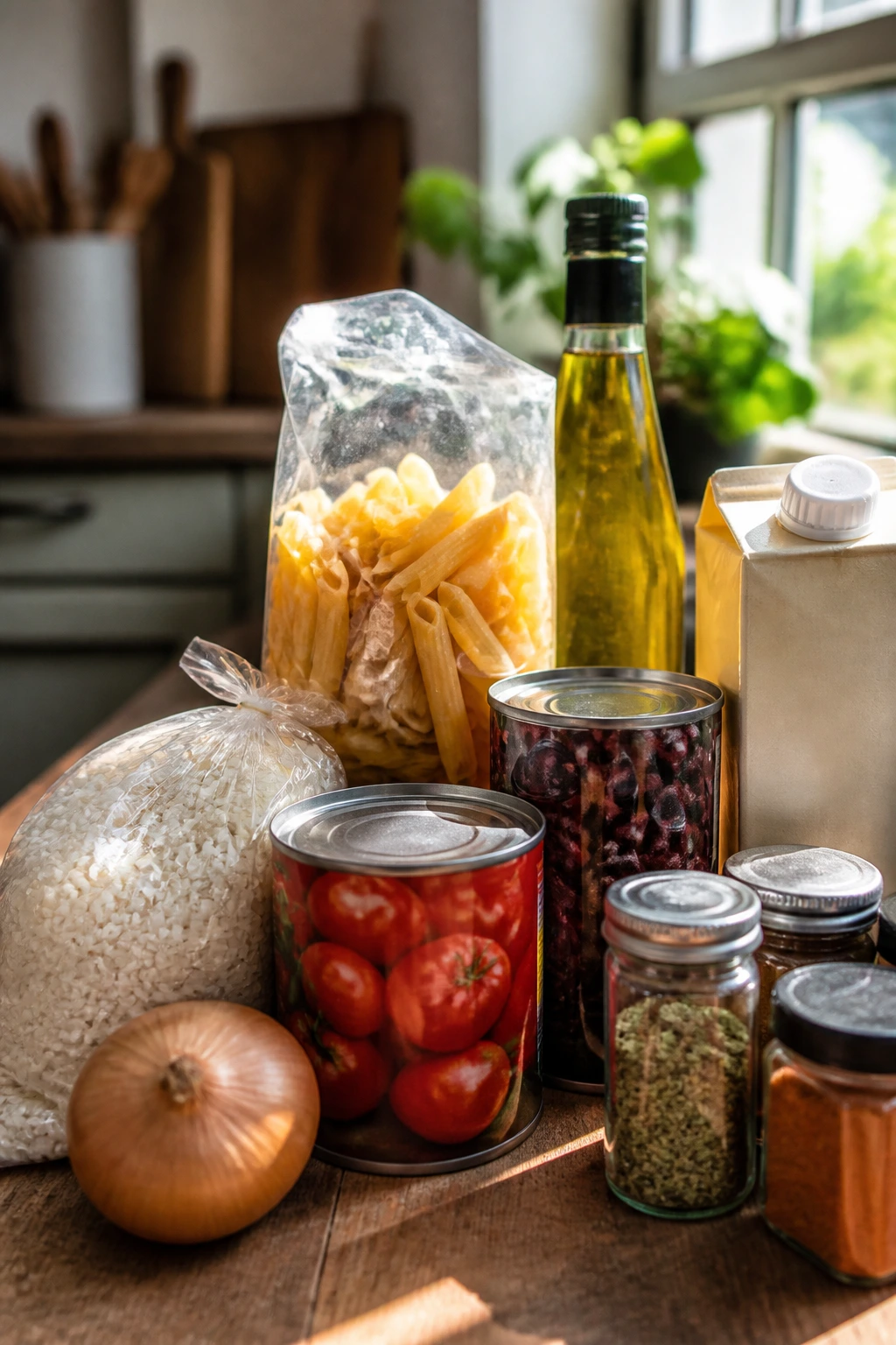 Close-up of pantry staples on a kitchen counter, featuring pasta, rice, tomatoes, beans, broth, oil, and spices