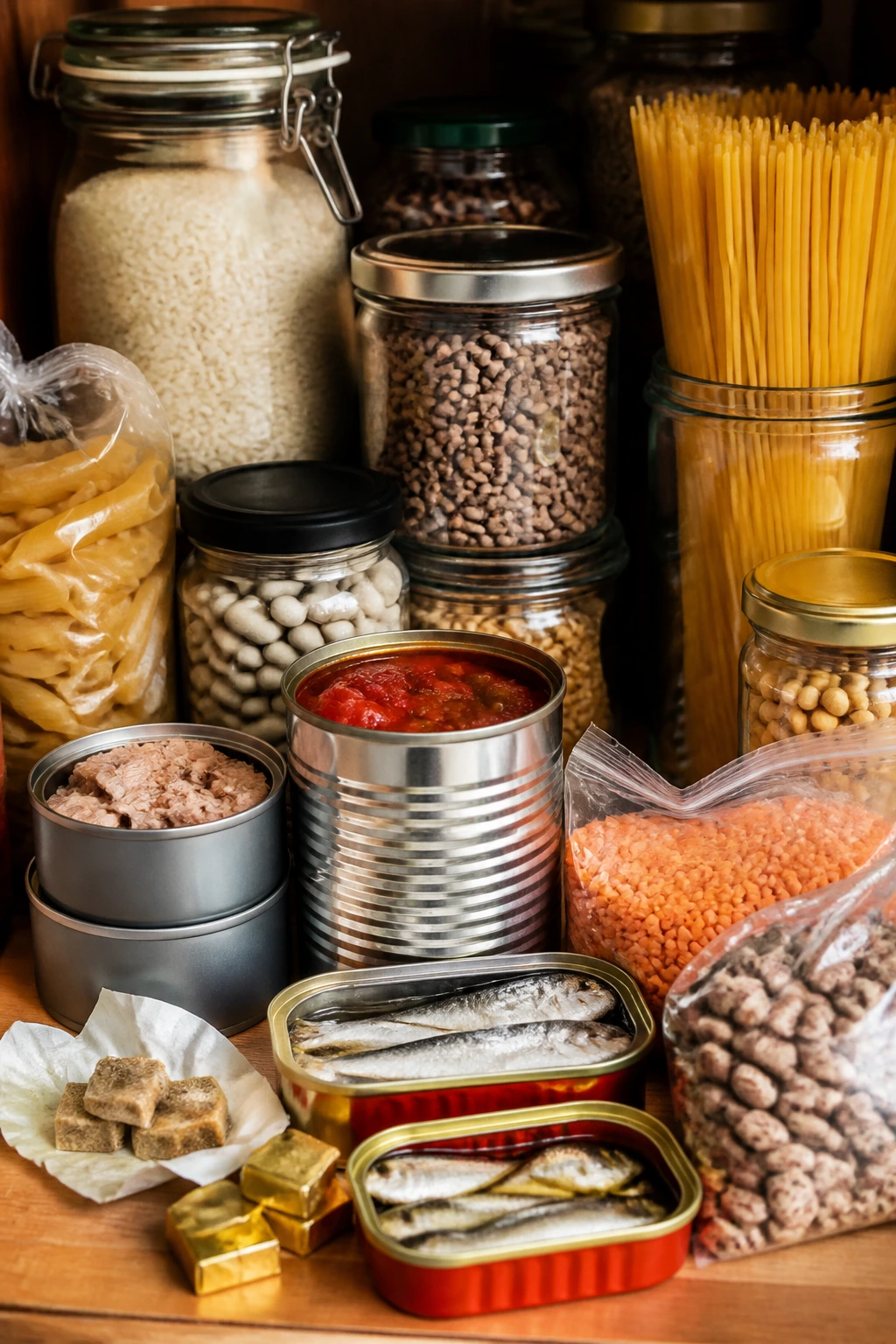 Close-up of pantry staples filling a warm kitchen shelf