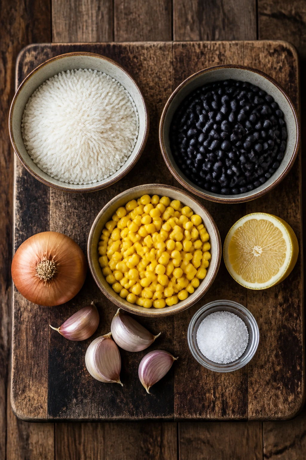 Top-down view of pantry staples arranged on a wooden surface