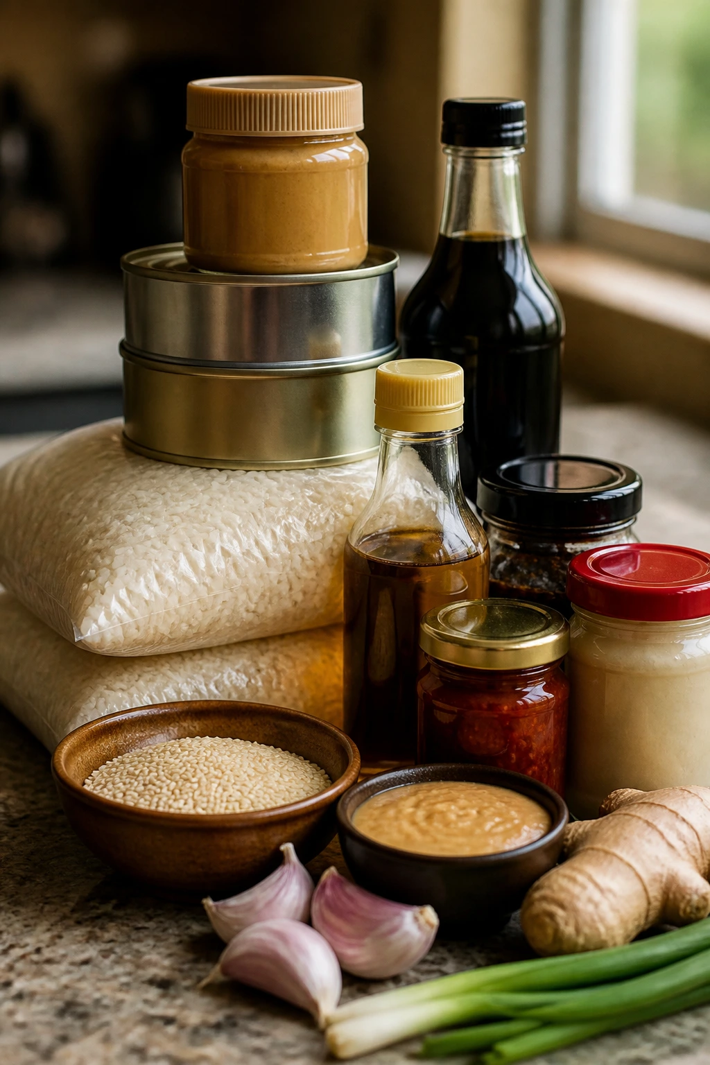 Label-free pantry ingredients stacked to symbolize heavy lifting