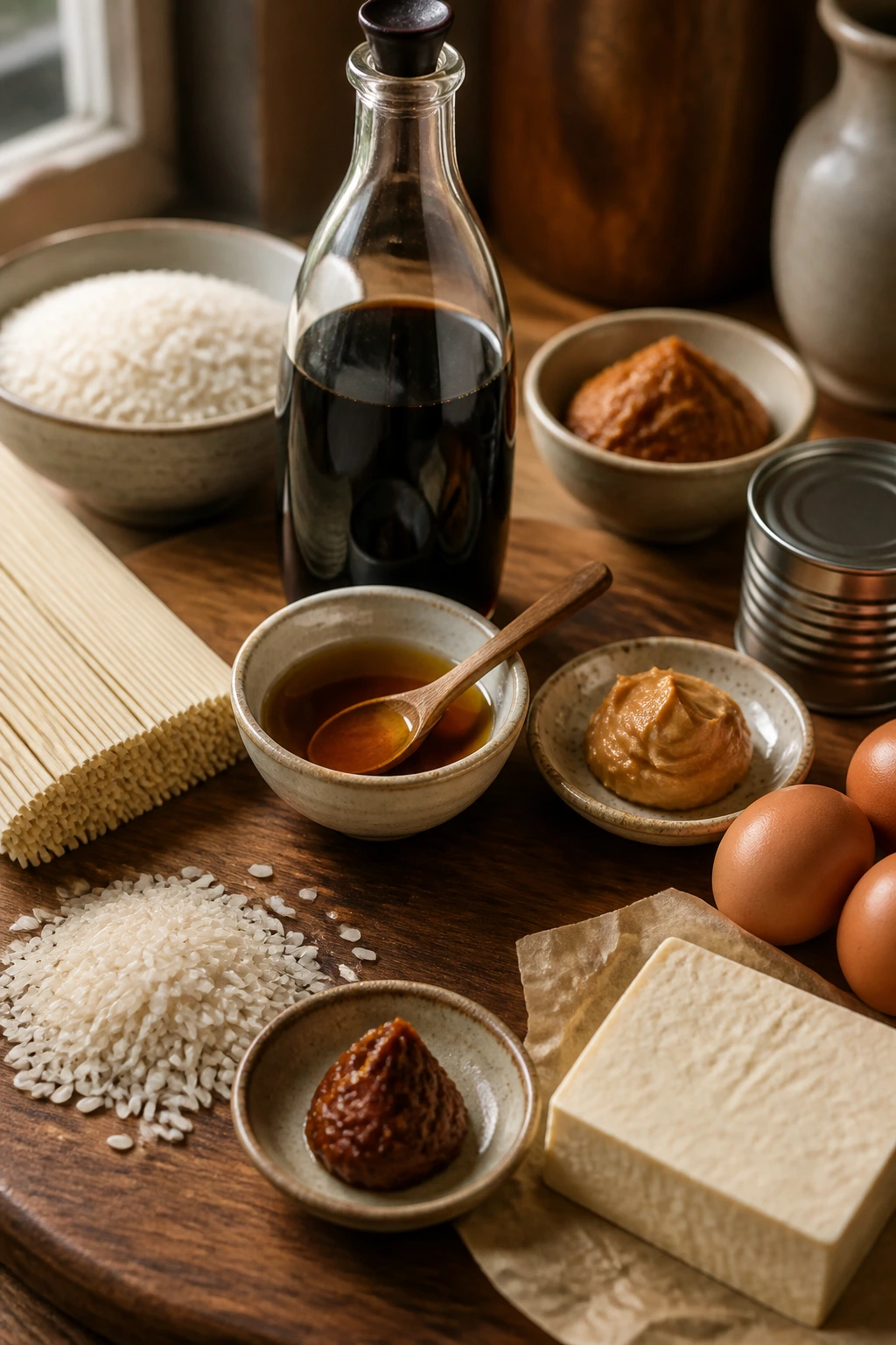 Label-free pantry staples on a warm kitchen counter, ready for quick dinners