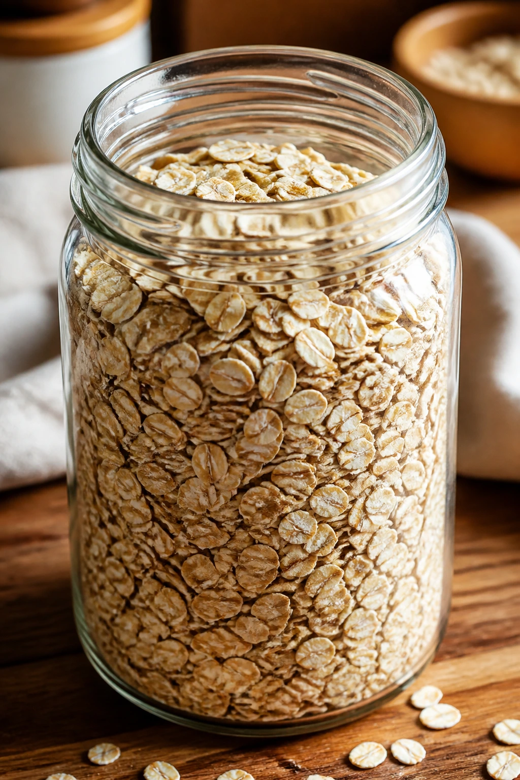 Jar of oats on a wooden kitchen counter