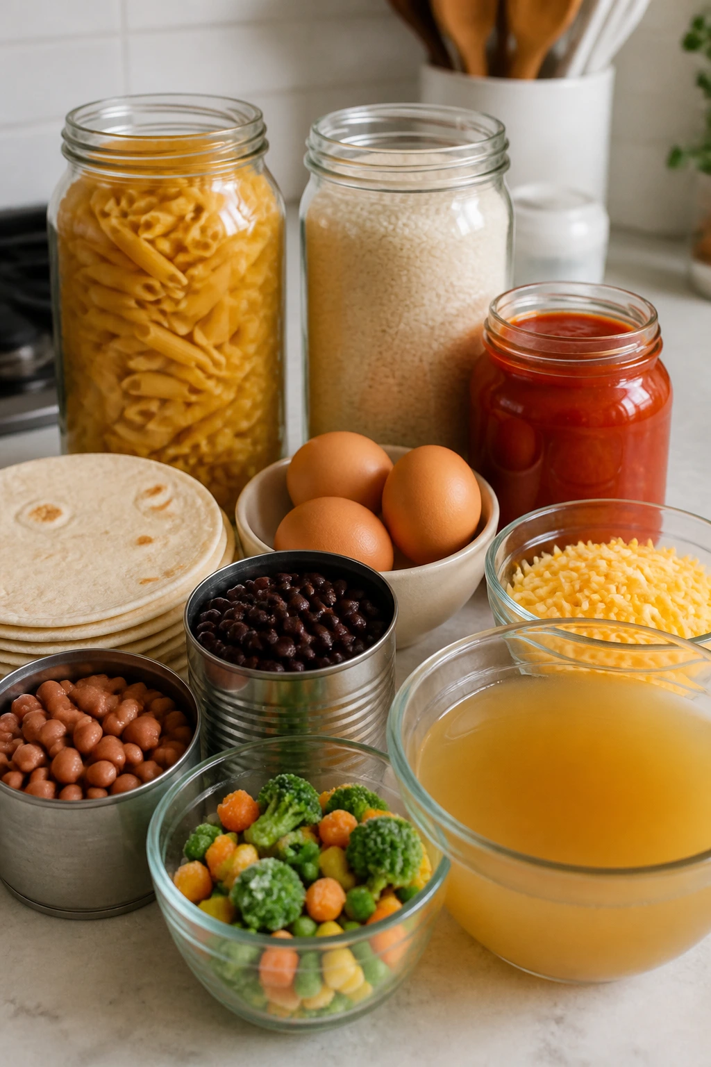 Countertop with pantry staples like pasta, rice, tortillas, eggs and beans arranged neatly