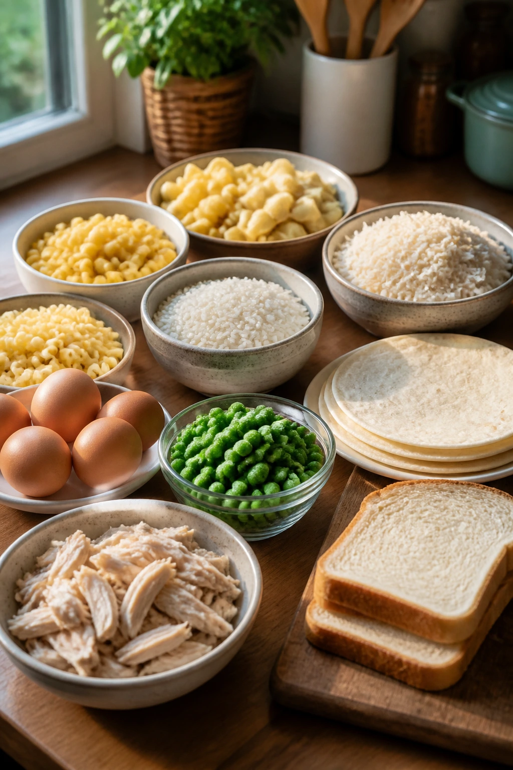 Close-up of pantry staples arranged on a kitchen counter for easy picky-eater dinners
