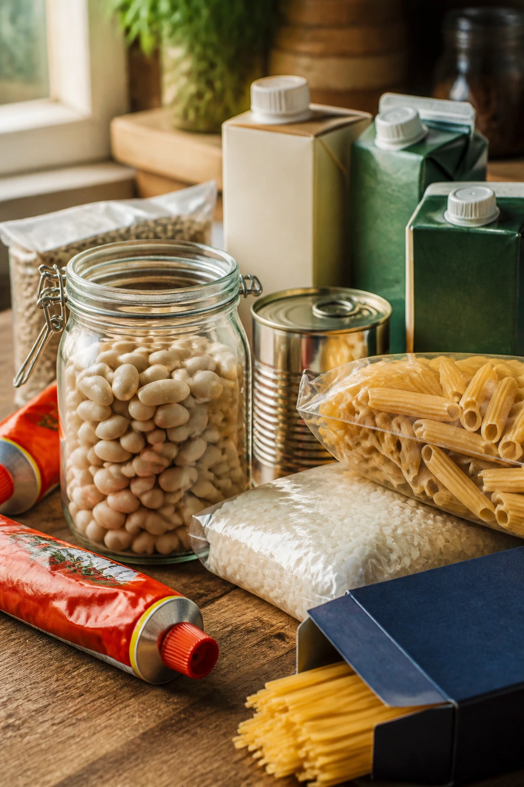 Close-up of assorted pantry staples on a wooden counter