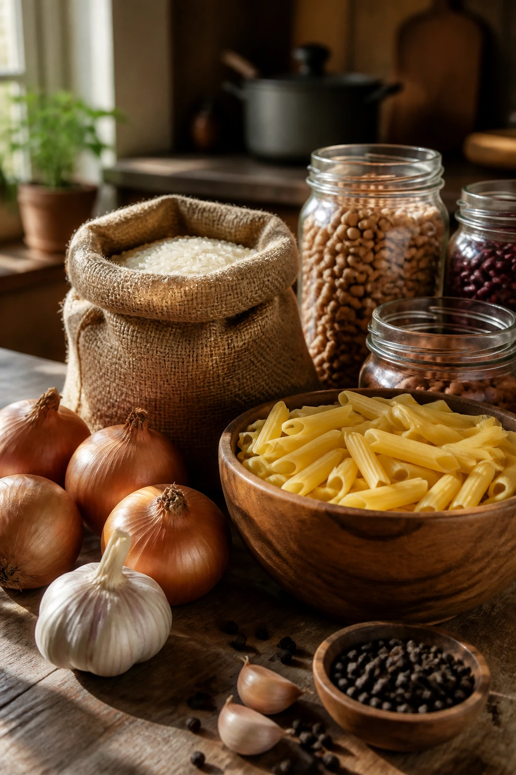 Close-up of pantry staples on a real kitchen counter