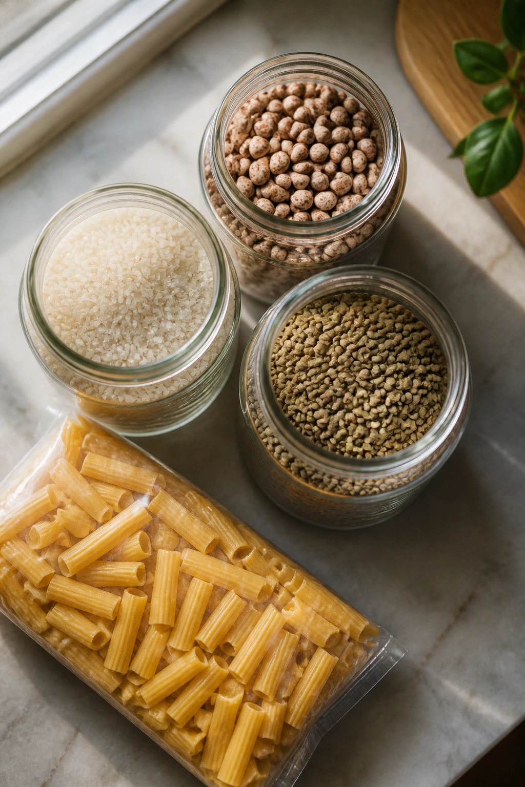 Top-down pantry staples with unlabelled jars of rice, beans, and lentils and pasta
