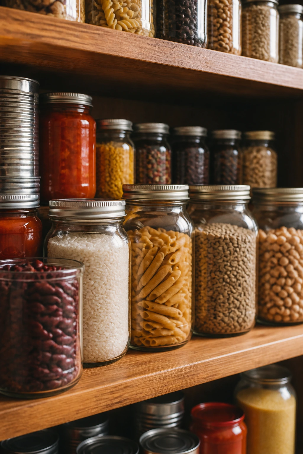Pantry shelf with beans, rice, pasta, and tomatoes