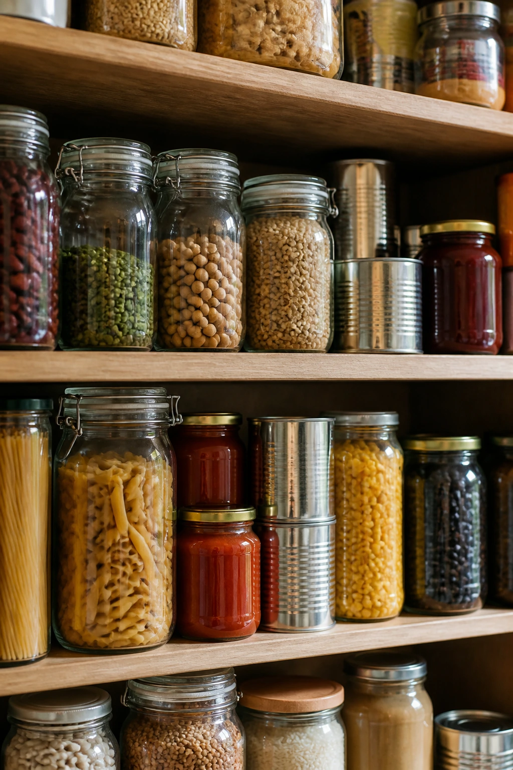 Pantry shelf with unlabeled jars and plain-packaged staples