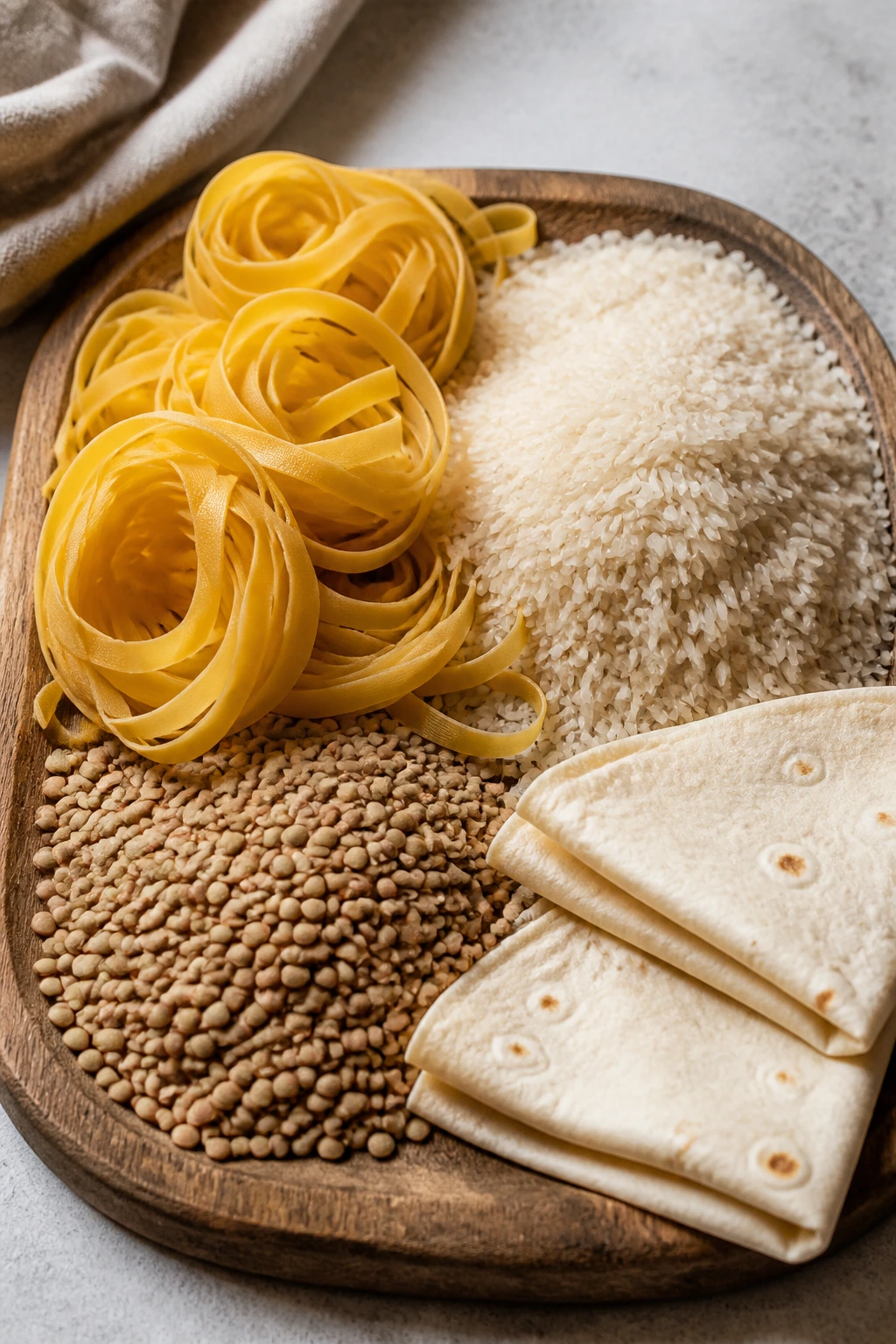 Top-down view of a wooden board with dried pasta, rice, lentils, and tortillas representing pantry staples