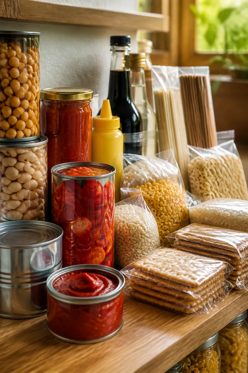 Pantry shelf with staple ingredients arranged neatly