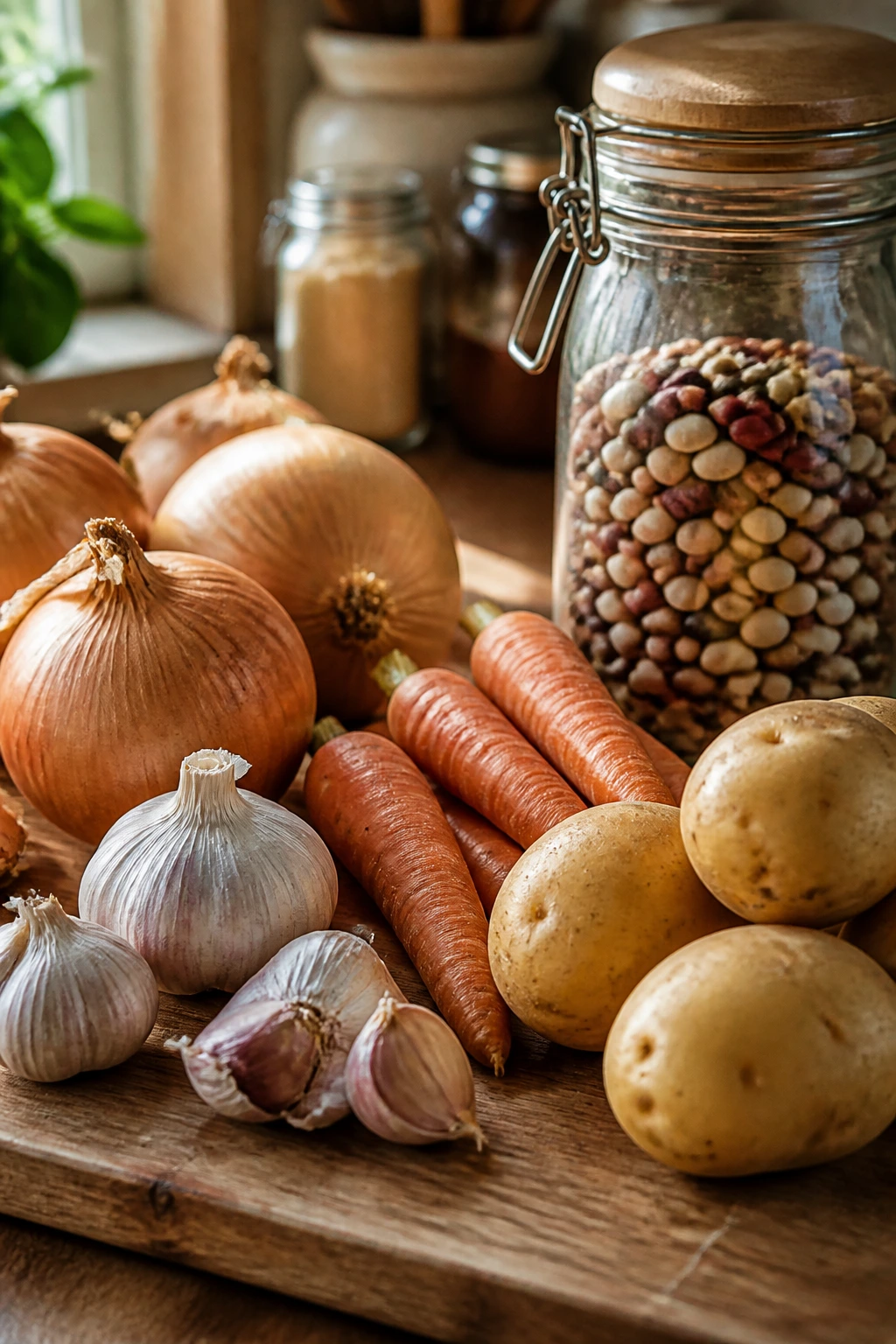 Pantry staples such as onions, garlic, carrots, potatoes, and dried beans on a wooden board