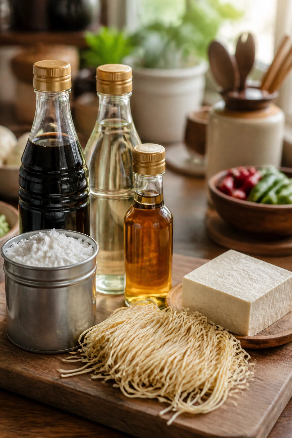 Close-up of pantry staples arranged on a wooden board