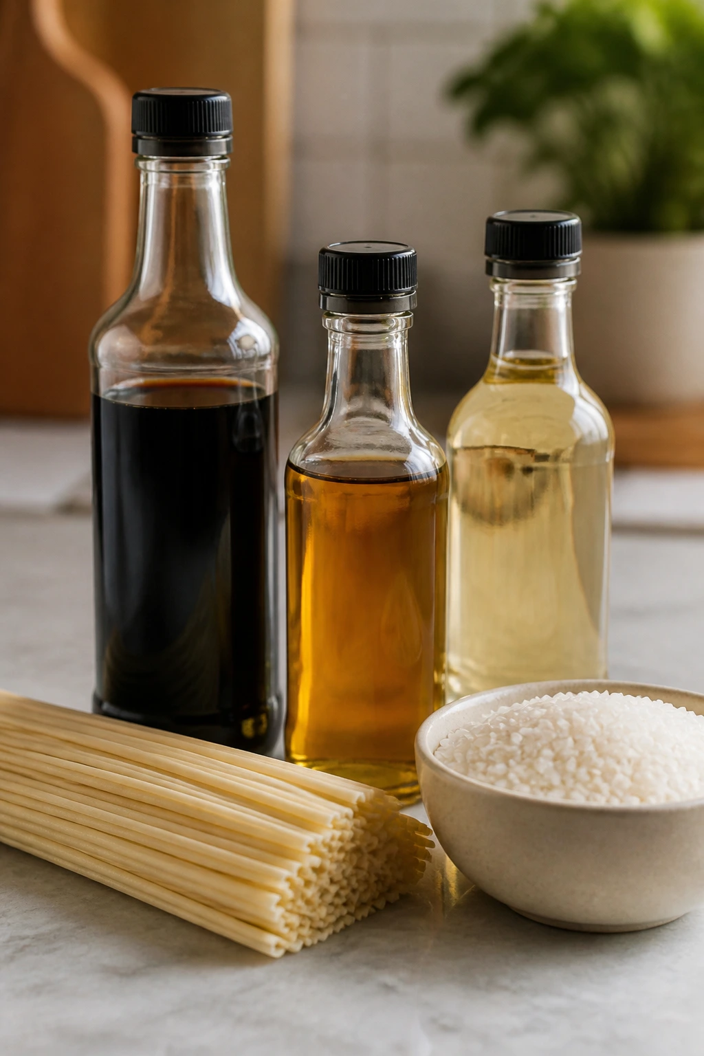 Label-free pantry staples on counter for sauces, noodles, and rice