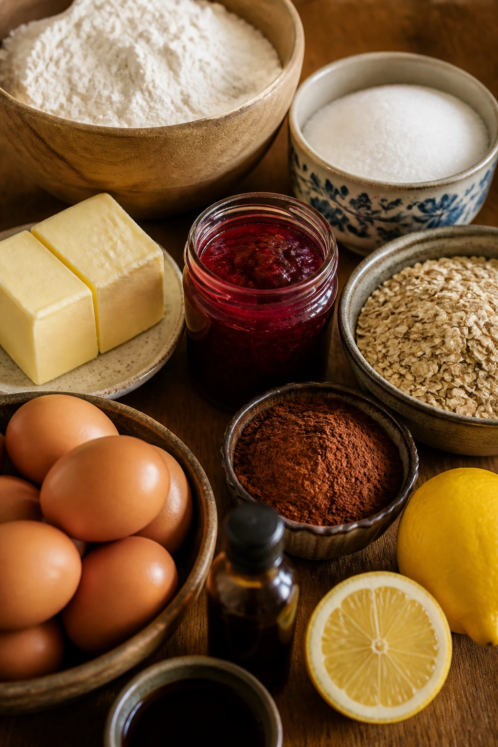 Still life of pantry staples arranged on wooden surface