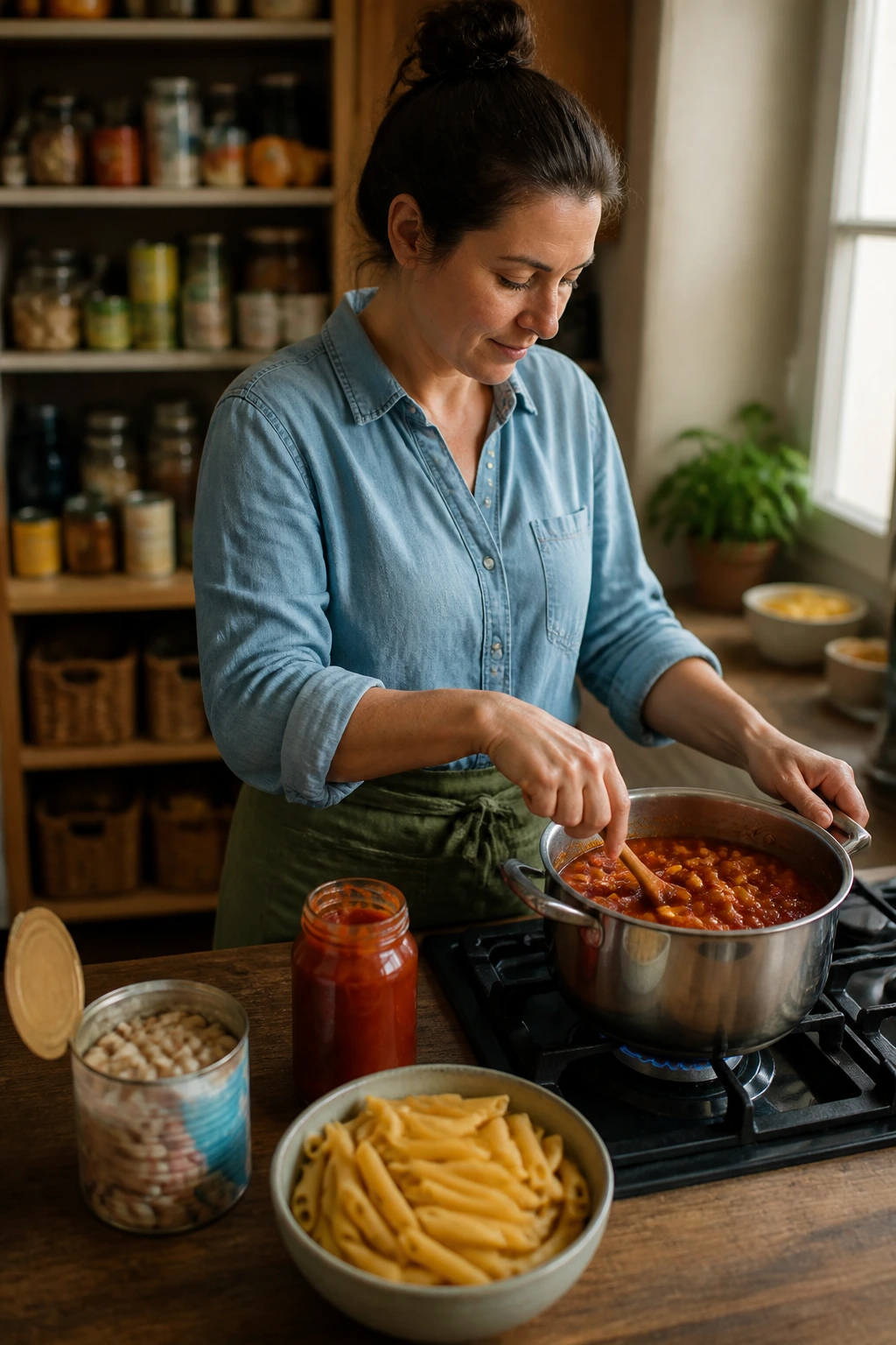 Close-up of a real person cooking a quick weeknight meal using pantry staples