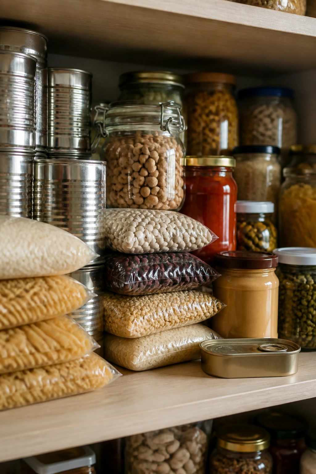 Stacked pantry staples on a shelf illustrating weeknight habit