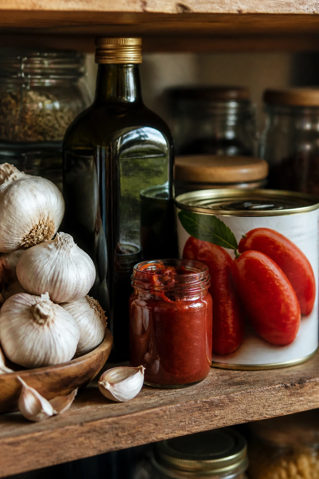 Close-up of pantry essentials: garlic, olive oil, canned tomatoes, and tomato paste