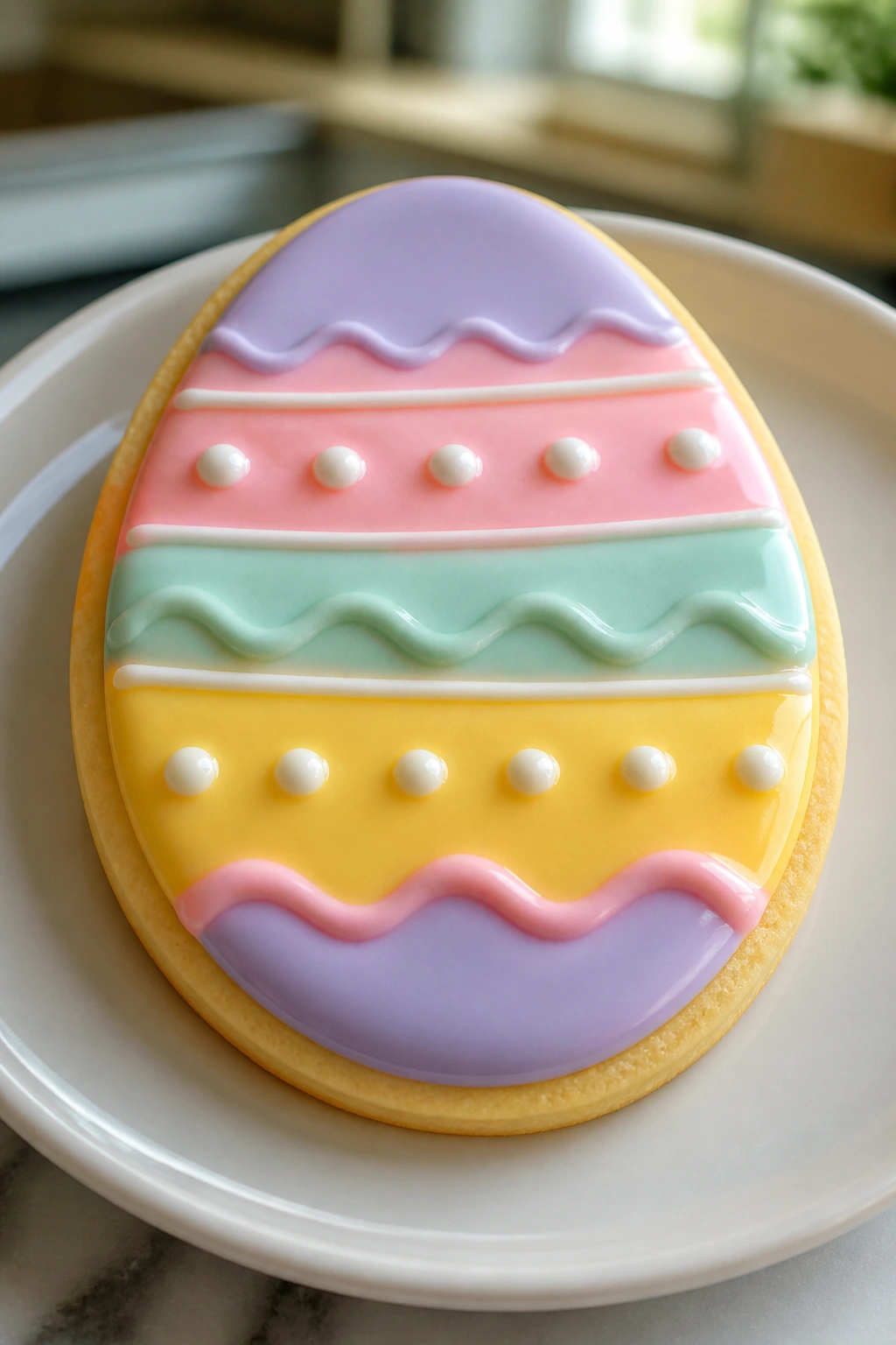 Close-up of pantry-staple Easter egg sugar cookie on a kitchen counter